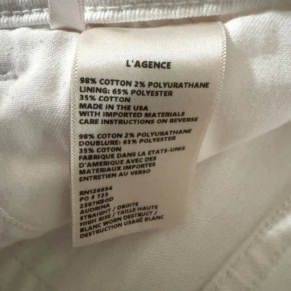 L’AGENCE ‘Audrina’ High Rise Jean In Blanc Worn Destruct Size 25